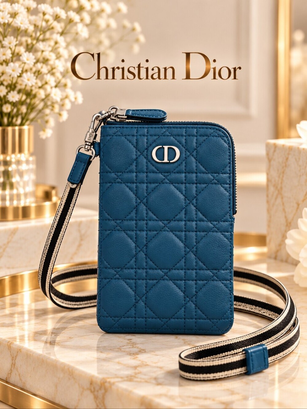 Authentic Dior Caro Phone Holder Cannage Leather CD ZipCrossbody Wallet On Strap